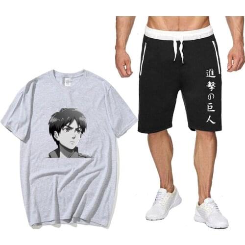 Summer Japan Anime Attack on Titan print men women Two Piece Set cotton T-shirt Sports Streetwear Harajuku Sweatpants Shorts