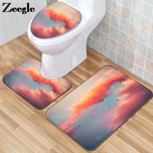 Landscape Printed Bathroom Bath Mats Toilet Floor Mat Bathroom Carpet Rug Set Anti-slip Shower Mat Memory Foam Toilet Rug Set