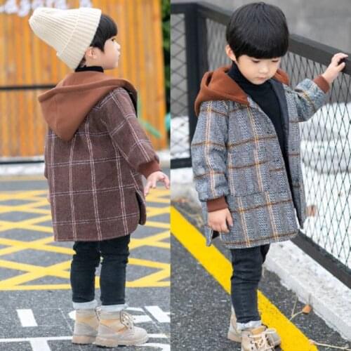New Fashion Winter Woolen Jackets Outwear Age For 2T-10 Year Childrens Clothing Hooded Warm Outerwear Plaid Baby Kids Coats
