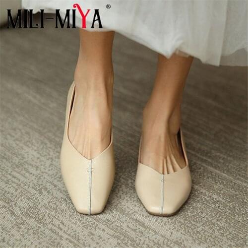 MILI-MIYA New Arrival Women Cow Leather Pumps Slip On Round Toe Solid Color Square Heels Casual Spring Autumn Shoes Size 34-39
