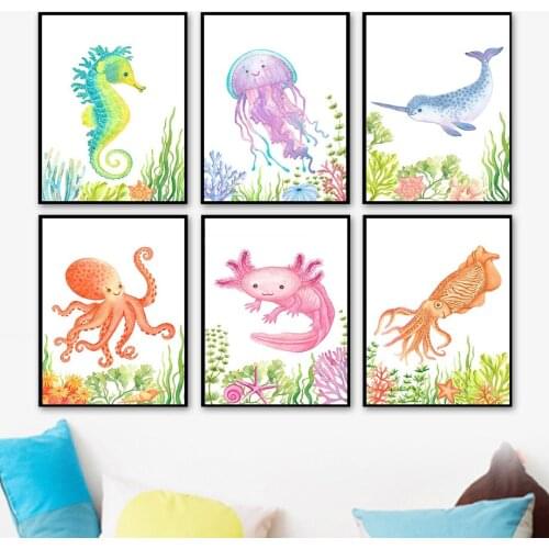 Seahorse Jellyfish Octopus Narwhal Squid Ocean Wall Art Canvas Painting Nordic Posters And Prints Wall Pictures Kids Room Decor