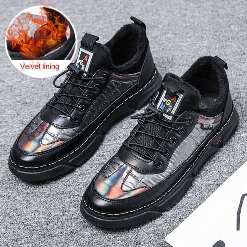 Down cloth bright leather business cotton shoes mens casual lightweight warm leather shoes plus velvet waterproof