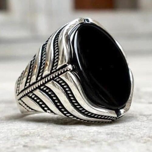 Solid 925 Sterling Silver Oval Black Flat Onyx Stone Mens Ring