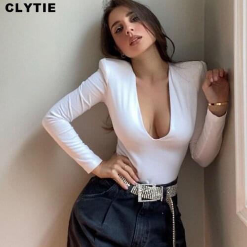 Clytie New Spring Deep V Collar Sexy T Shirt For Women Long Sleeve Skinny Ladies Streetwear Female 2021 Night Club Top