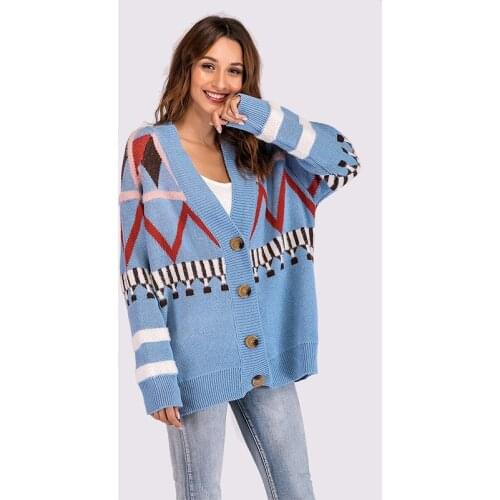 European Style Single Breasted Cardigan Woman Sweater Fashion Print Long Sleeve V-neck Casual Loose Female Sweater
