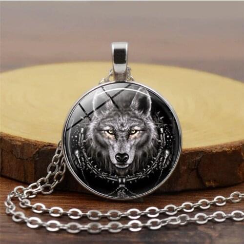 Wolf Head Pendant Necklace Animal Power Norse Viking Amulet Glass Cabochon Jewelry Wholesale Necklaces for Men Women