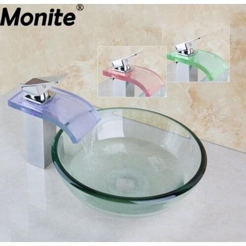 Monite Round Painting Bathroom Art Washbasin Tempered Clear Glass Vessel Sink With Waterfall Glass Brass LED Faucet Set