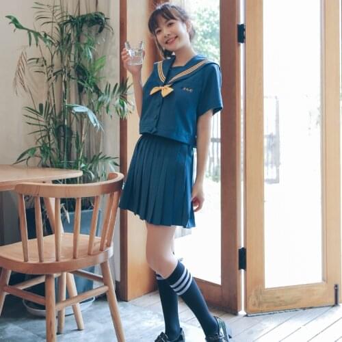 Schoolgirl Uniform JK Uniform Navy Blue College Pleated Skirt Girl Anime Long Short Sleeve Shirt Sailor Dress Set Plus Size