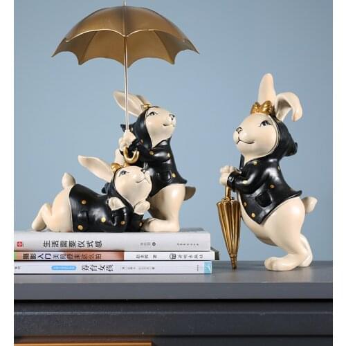 Nordic cute Take an umbrella rabbit miniature figurines decor fairy garden Resin Crafts home decoration accessories for living