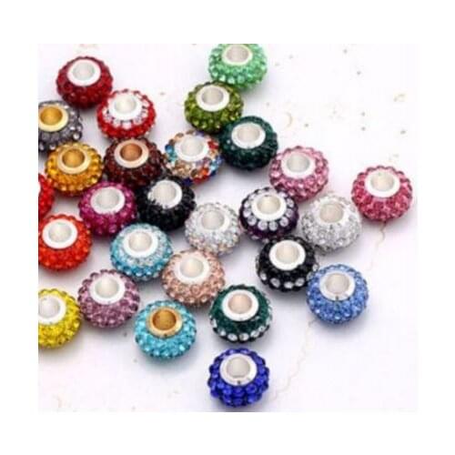 Mixed white hot 14MM 50Pcs/lot Resin Rhinestone Silver Plated Core Big Hole Crystal European Beads FE434FS Fit Charm Bracelets