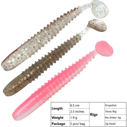 T Tail Paddle Tail Shad 2.5 inches 1.9g 6.5cm 5pcs Swimbait Softjerk Bass Flathead Fishing Bait Spin Trout Soft Fishing Lures