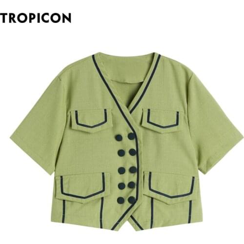 TROPICON Double Breasted Short Sleeve Shirt Women Korean Shirt Sage Green Top V Neck Summer Blouse 2021 Korean Fashion Clothing