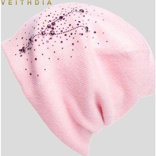 VEITHDIA Womens Hats Female Cashmere Casual Autumn Winter Brand New Double Layer Thick Crystal Knitted Girls Skullies Beanies