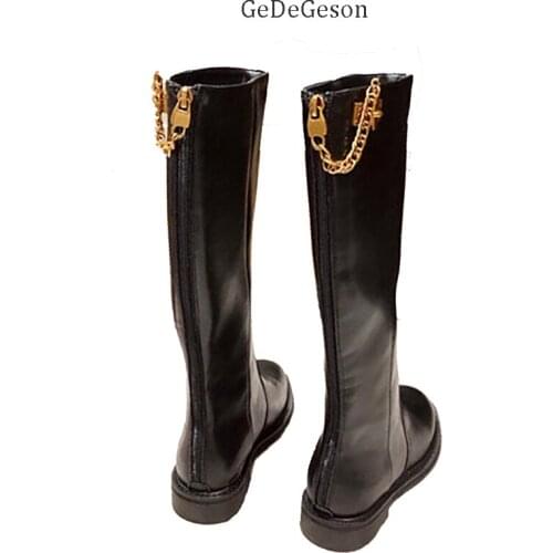 Knee-High Boots Women Cowhide Leather Gold Chains And Lock Decoration England Style Cool Street Shoes