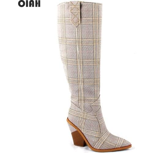 Women Knee High Boots Gingham High Heeled Fashion Autumn Winter Boots Comfortable Woman Long Western Coyboy Boots Zipper Shoes