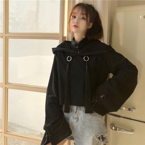 Womens Hoodies Crop Hoodies Sweatshirts Tassel Hooded Woman Crop Top Hoodie Chinese Letters Print Japan Style Girls Tops LS180
