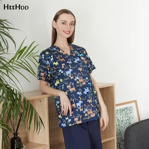Dog printing scrub tops Nutritionist workwear Short Sleeved pet store work clothing fashion new design Health service women suit