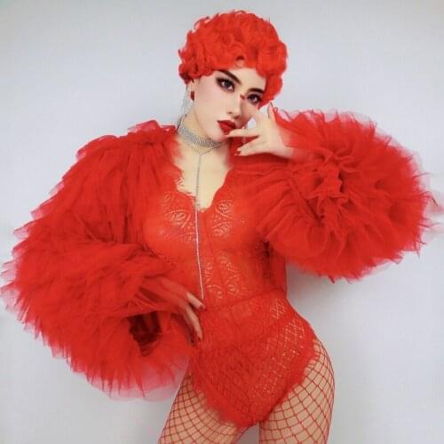 Nighclub Dance Costume Women Red Lace Bodysuit Exaggerated Puffy Sleeves Singer Gogo Dancer Drag Queen Stage Outfits DNV15213