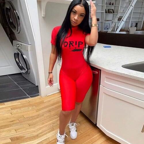 Letter Print Bodycon Rompers Womens Jumpsuit Sexy High Necked Short Sleeve Fitness Playsuit Streetwear Female Slim Fit Outfits