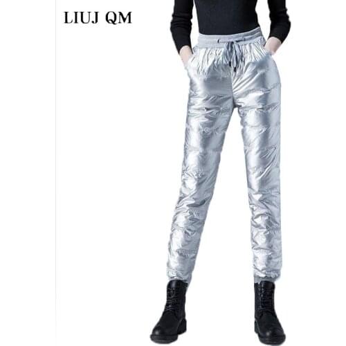 Winter Pants Women Glossy Down Cotton Trousers For Womens Outer Wear Plus Velvet Thick To Keep Warm Elastic Waist Pants Women