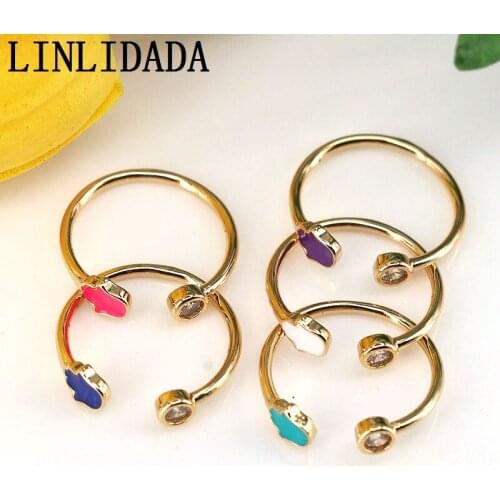 10Pcs Brass Gold Plated Enamel Hamsa Hand Ring, Fatima Small Hand Ring, Adjustable Open Ring, Micro Pave CZ Palm Ring