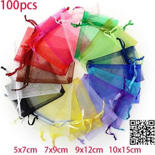 100pcs Jewelry Packaging Display Drawable Organza Bags Pouches Packing DIY Wedding Pouches Transparent Gauze Display Bags Gift