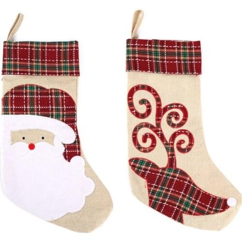 12 pcs Christmas Stockings Socks Santa Elk Printing Linen Candy Gift Bag Fireplace New Year Xmas Tree Decoration Wholesale X2