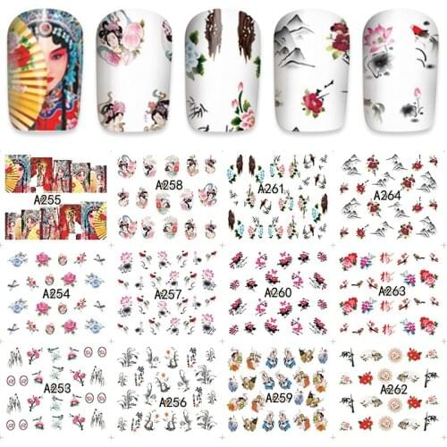 2018 12 sheet Fashion Water Transfer Nail Art Decals Stickers Beauty Chinese style tips Nail Sticker Decorations DIY A253-264