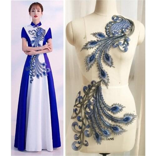 Large Super gorgeous Blue and white porcelain flower embroidery lace patch yarn Applique for DIY Wedding dress