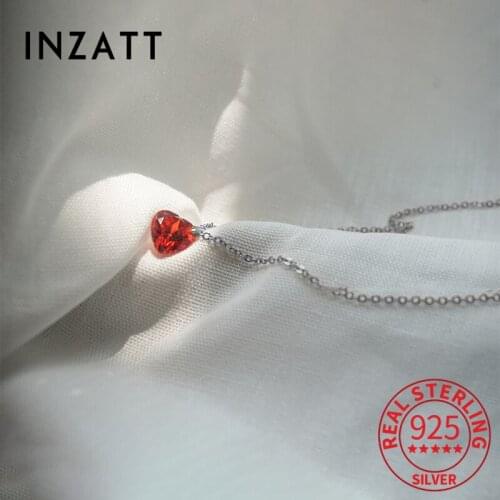 INZATT Real 925 Sterling Silver Red Zircon Heart Pendant Choker Necklace For Women Cute Fine Jewelry Minimalist Accessories