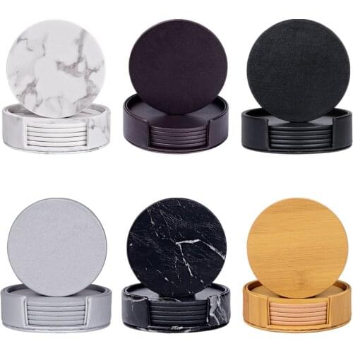 Round Imitation Marble Grain Coasters with Holder Heat Resistant Tea Hot Drink Mug Cup Mat Kitchen Decoration Housewarming Gift