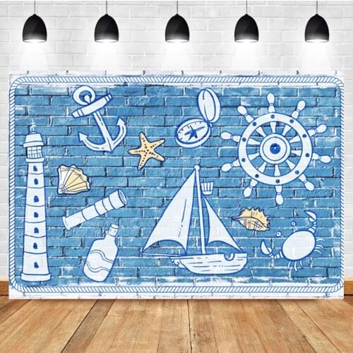 Laeacco Nautical Rudder Backdrop For Photography Blue Brick Wall Sailing Ship Rudder Lighthouse Background For Studio Photocall