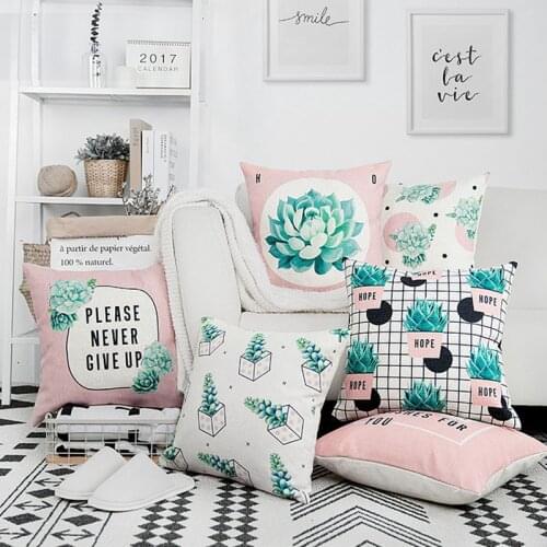 Cushion Cover Pillow Case Pink Succulent Plants Cactus For Sofa Seat Cotton Linen Home Decorative 45*45cm Pillow Cover