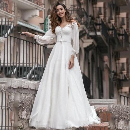 New Two Piece Wedding Dress with Shawl Long Sleeve Lace Mermaid Bride Dresses 2021 Puffy Sleeve Wedding Gowns Cheap