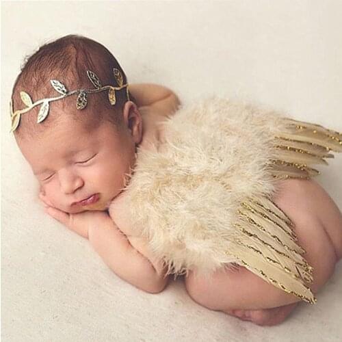 Newborn Photography Props White Angel Wing Baby Photos Props Feather Wing Girls Hair Baby Photography Olive Branch Headband