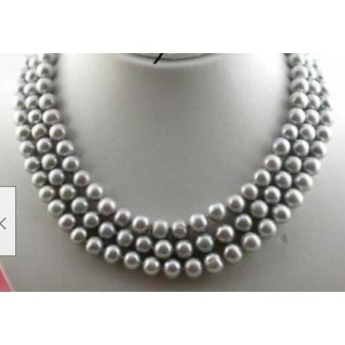 Charming 3rows AAA 10-9 mm natural grey pearl necklace 17"-18"-19" Yellow clasp