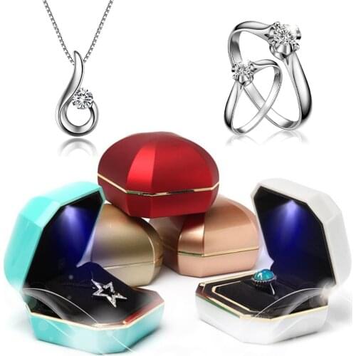 New Champagne Gold Luxury Wedding Ring Box Necklace Pendant Jewelry Box With LED Light 6colors For Lover