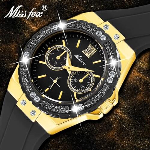 MISSFOX Sport Black Watch Slicone Strap Womens Original Boyfriend Style Stainless Steel Chronograph Quartz Watches Dropshipping