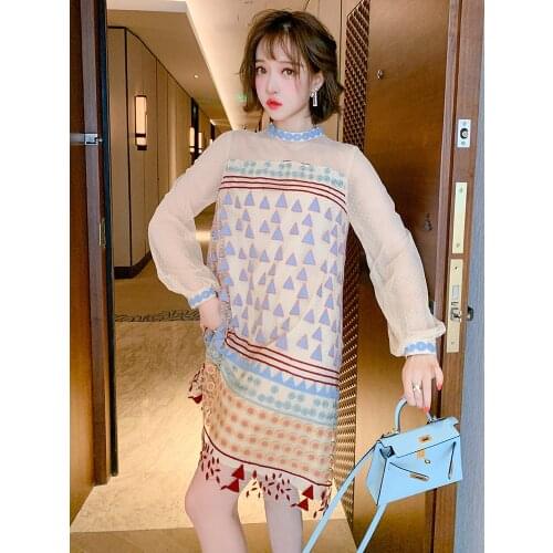 Embroidered personalized contrast stitching stand collar mesh dress for women 2021 Spring new