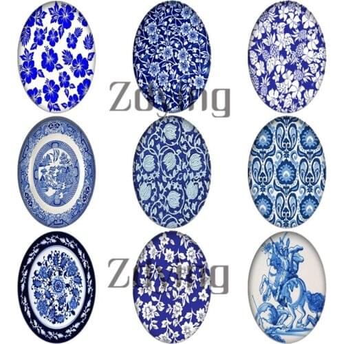 Zdying 10pcs Classic Ethnic Blue And White Porcelain Flowers Oval Glass Photo Cabochons Beads Dome DIY Jewelry Making Findings