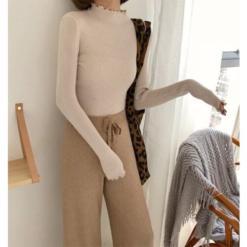 ZG1605 2021 new spring and autumn women slim half turtleneck pure color wooden ear edge long sleeve sweater cheap wholesale