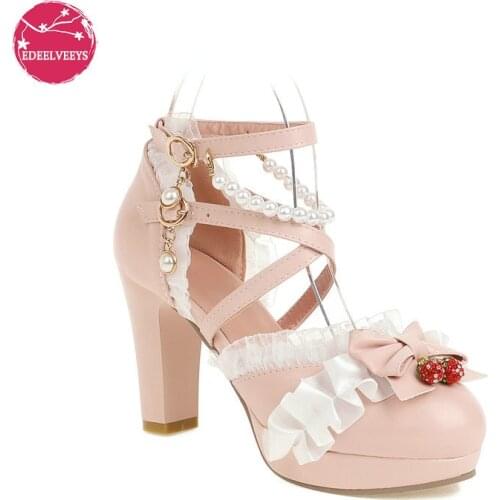 Side Open Women Spike Heels Shoes Round Toe Lolita Girls Dress Party Pumps with String Bead Pearl Sweet Bow Strawberry