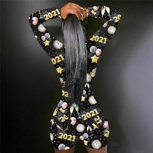 Womens 2021 New Year Pattern High Waist Playsuit V-neck Long Sleeve Button Rompers Short Pants Homewear Female Casual Sleepwear