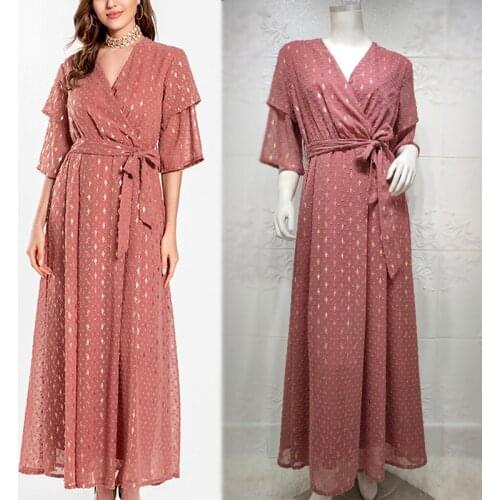 Maxi Dress for Women Wrap V Neck Print Gold Middle East Duabi Turkey Arabic Plus Size Long Dress Robe Islamic Clothing 2021New