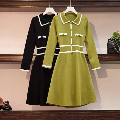 Women Knitted Dresses Autumn Winter Vintage Turn-down Collar Women Long Sleeve Bodycon midi Dress Ladies High Waist Party dress