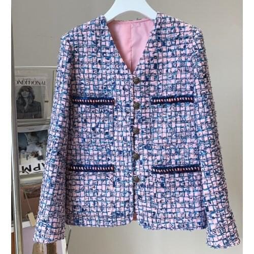 Spring Autumn 2021 Chic Womens High quality V-neck plaid tweed coat New Designer elegant women jackets Top C324