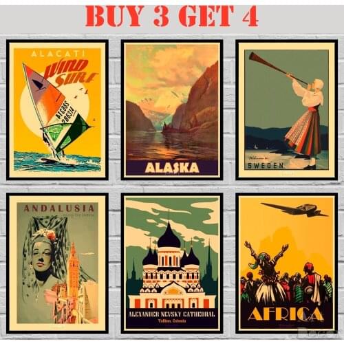 45 Designs Vintage Travel Poster Kraft paper City&Landscape Poster Painting Fancy Wall Sticker 1 42X30cm