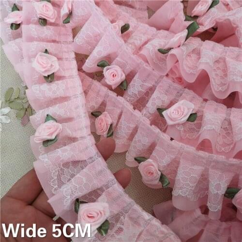 5CM Wide Luxury Pink Chiffon 3d Flowers Embroidery Pleated Lace Fabric Ruffle Trim Ribbon DIY Wedding Applique Guipure Decor