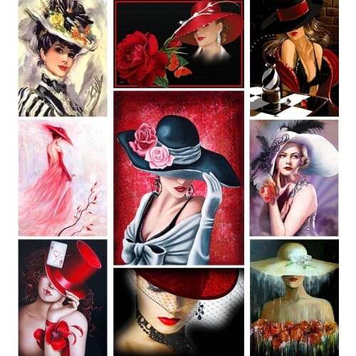 5D DIY diamond painting girl in hat diamond embroidery elegant woman cross stitch 3D mosaic kit rose artist home decoration gift