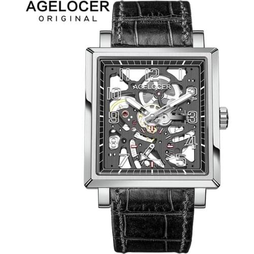 Agelocer Luxury Top Brand Mens Automatic Watches Black Leather Square Skeleton Mechanical Watches 3501A1